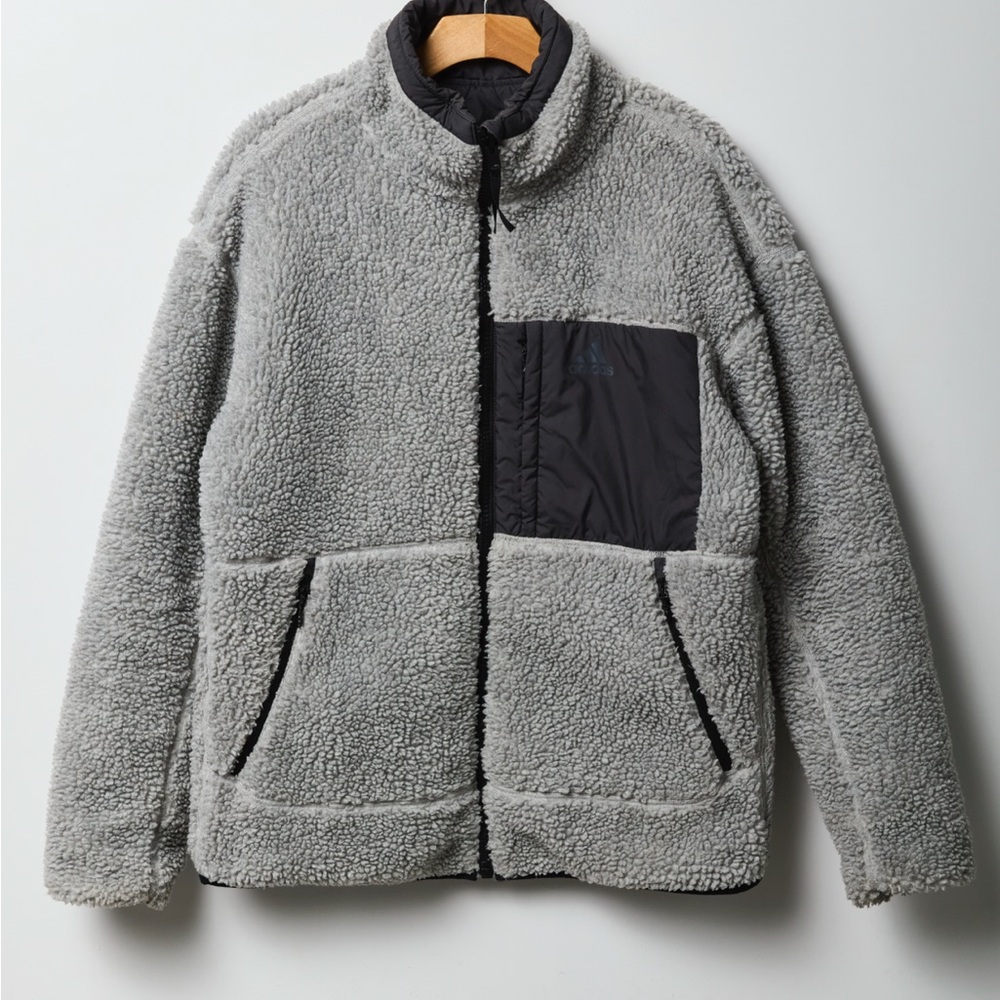 adidas Grey Sherpa Fleece Jacket with Black Chest Pocket